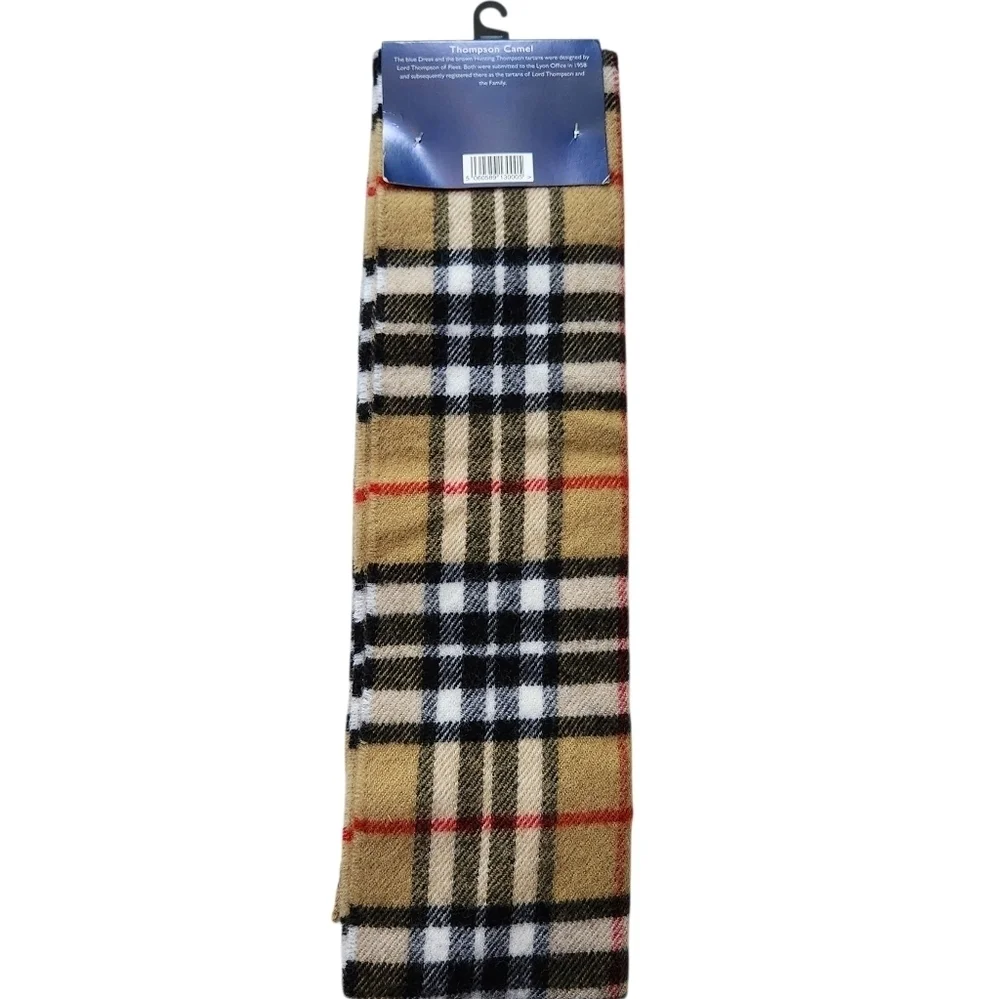 New Thomson Camel Tartan Plaid 100% Wool Fringe Scarf James Pringle Weavers